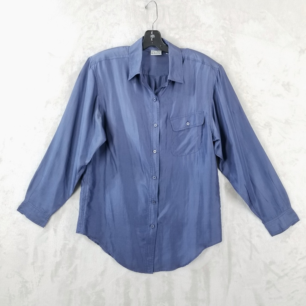Vintage Blouse Women M Blue‎ 100% Silk Long Sleeve Shoulder Pads Oversized 90's